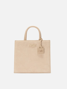 Beige Medium Shopper-Bag aus Wildleder mit Logo-Plakette aus Metall 