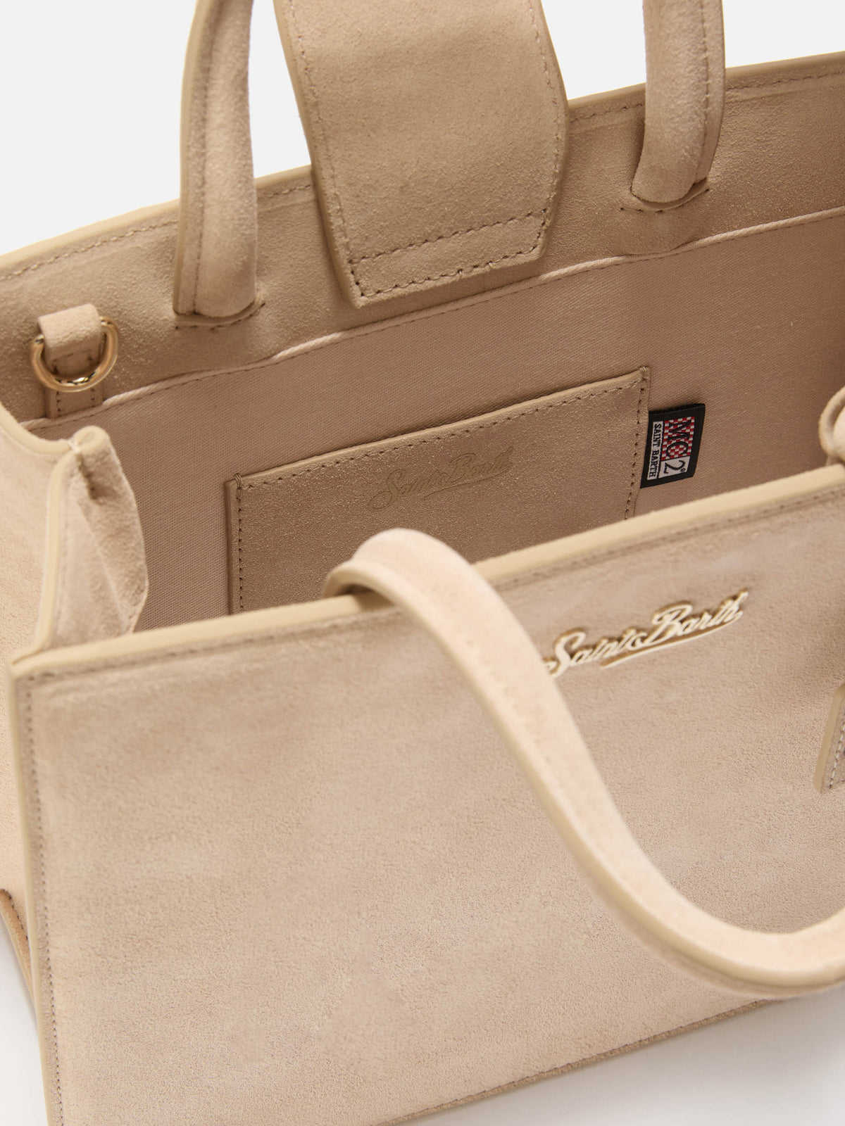 Beige Medium Shopper-Bag aus Wildleder mit Logo-Plakette aus Metall 
