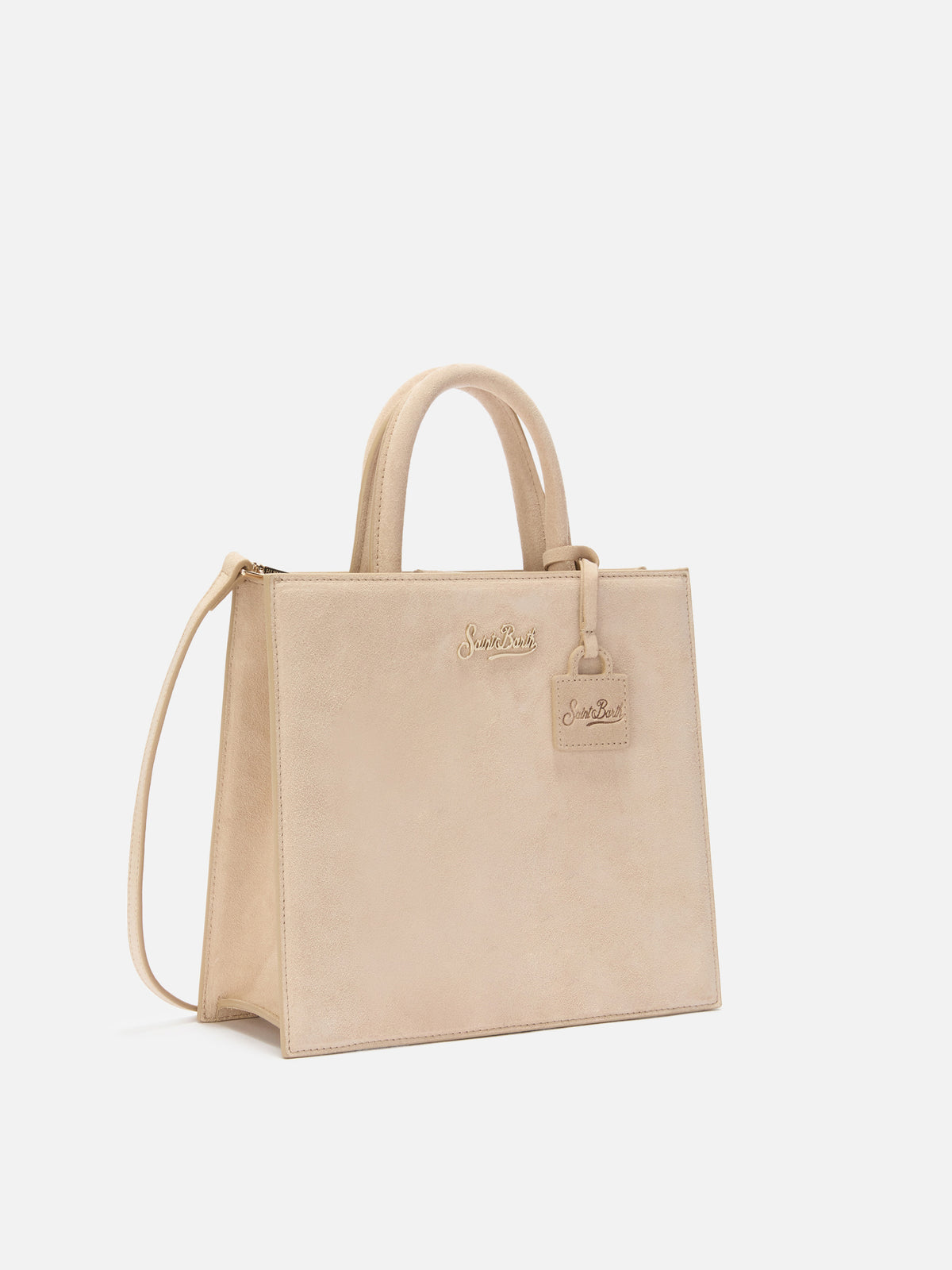 Beige Medium Shopper-Bag aus Wildleder mit Logo-Plakette aus Metall 