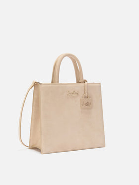 Beige Medium Shopper-Bag aus Wildleder mit Logo-Plakette aus Metall 