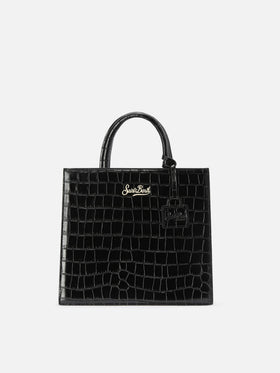 Schwarze mittelgroße Shopping-Bag aus Leder in Kroko-Optik mit metallener Logo-Plakette 