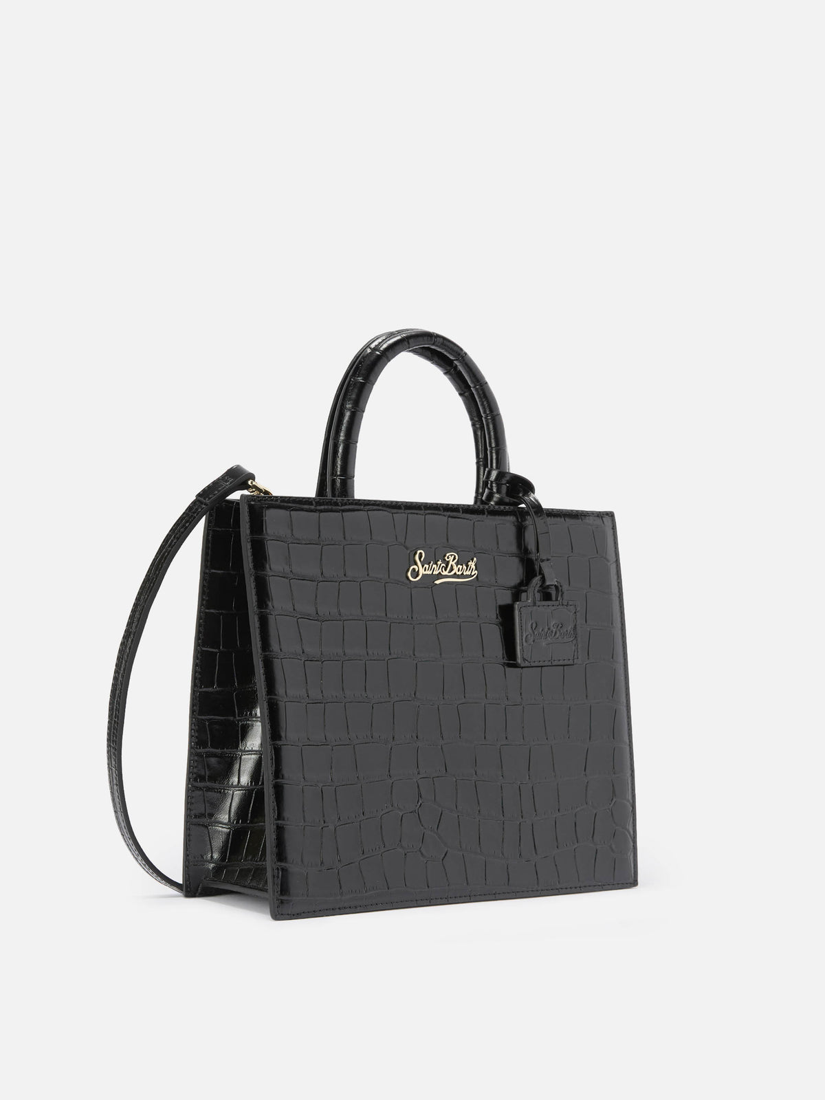 Schwarze mittelgroße Shopping-Bag aus Leder in Kroko-Optik mit metallener Logo-Plakette 