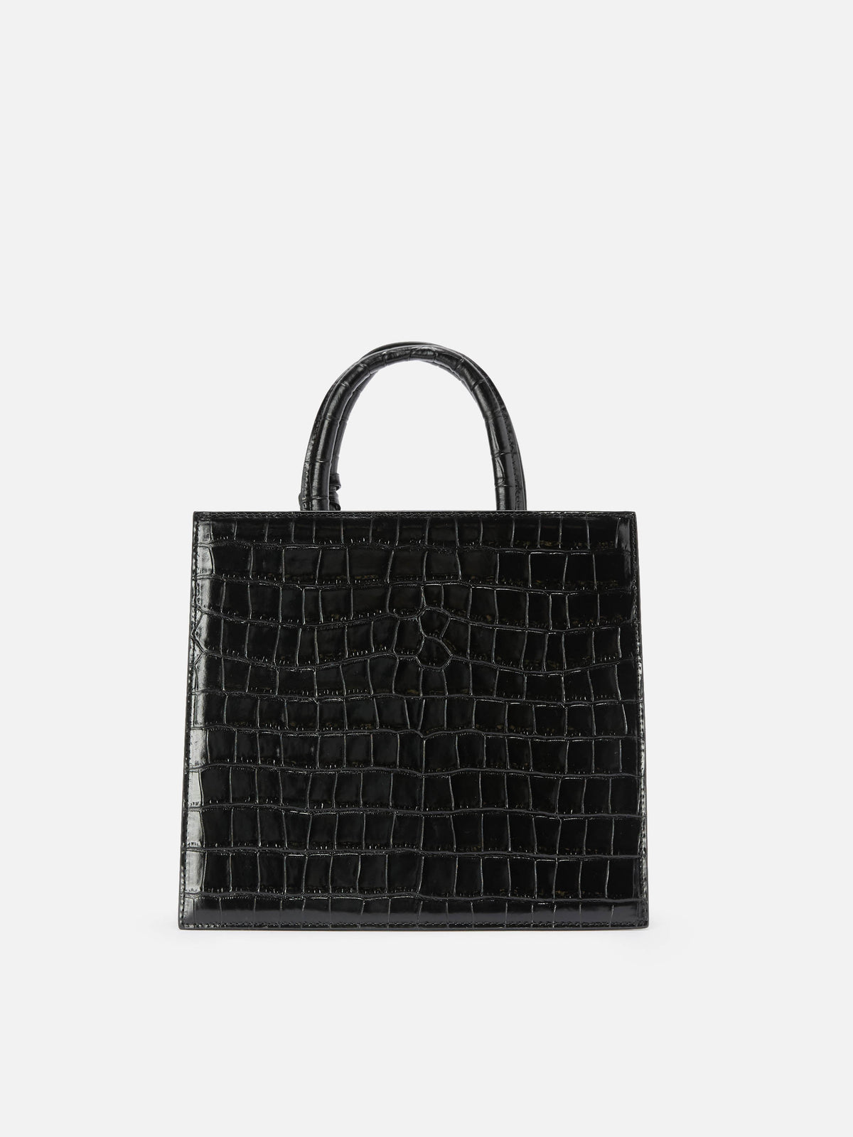 Schwarze mittelgroße Shopping-Bag aus Leder in Kroko-Optik mit metallener Logo-Plakette 