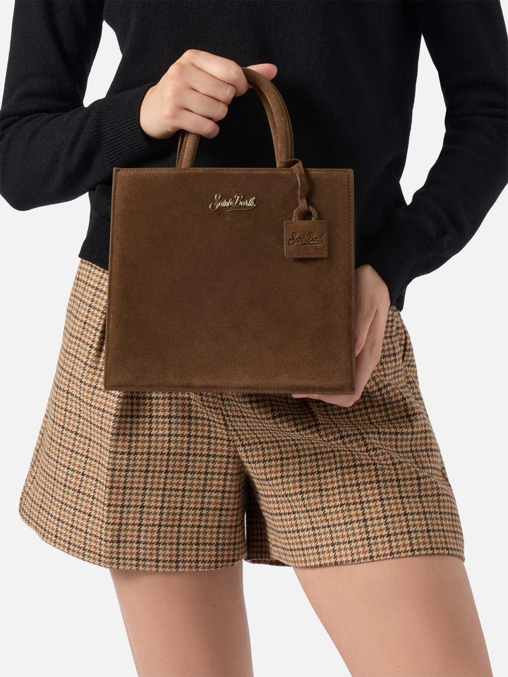 Cabas moyen marron en daim avec lettrage logo 