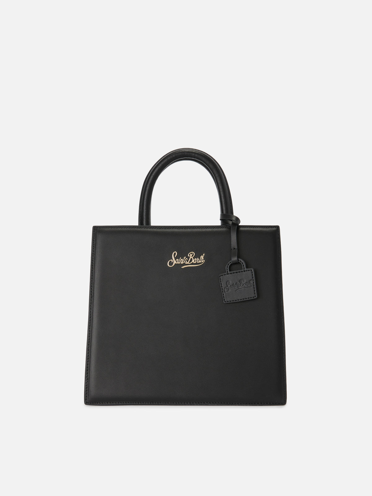 Sac Structured Shop Midi en cuir lisse noir avec plaque métallique 