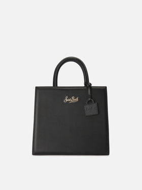 Sac Structured Shop Midi en cuir lisse noir avec plaque métallique 