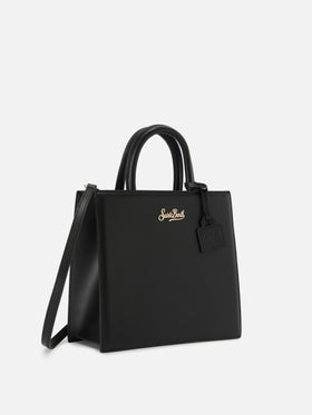Sac Structured Shop Midi en cuir lisse noir avec plaque métallique 