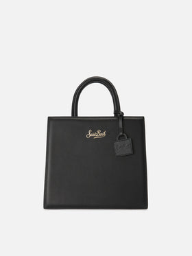 Structured Shop Midi bag in black smooth leather with metal tag