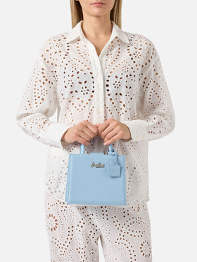 Structured Shop mini bag in light blue smooth leather with metal tag