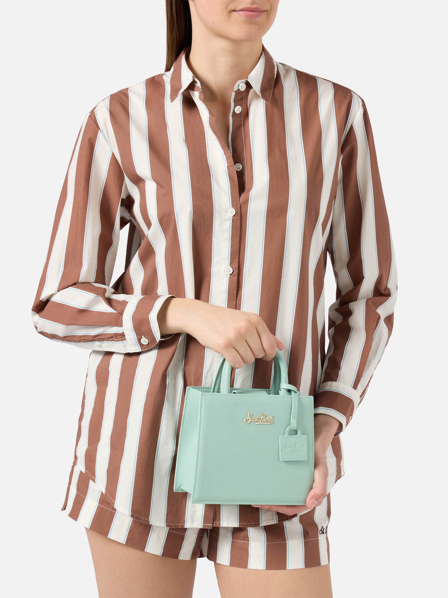 Mini sac Structured Shop en cuir lisse vert menthe avec plaque métallique 