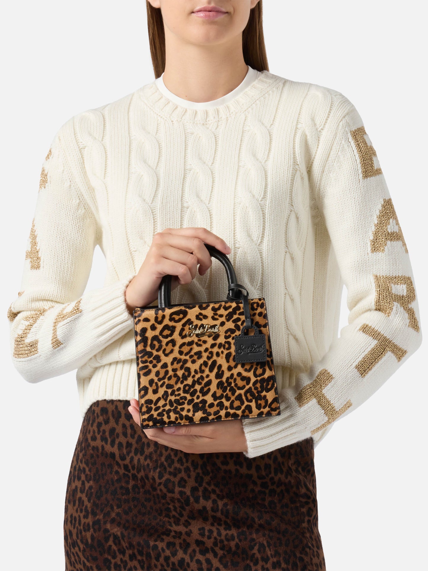 Structured Shop Mini bag in leopard pony hair with metal tag