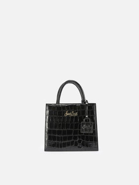 Mini sac de shopping noir en cuir imprimé croco 
