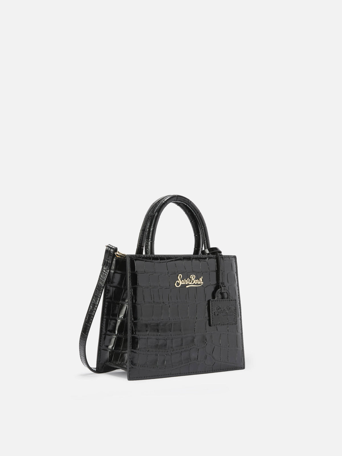 Mini sac de shopping noir en cuir imprimé croco 