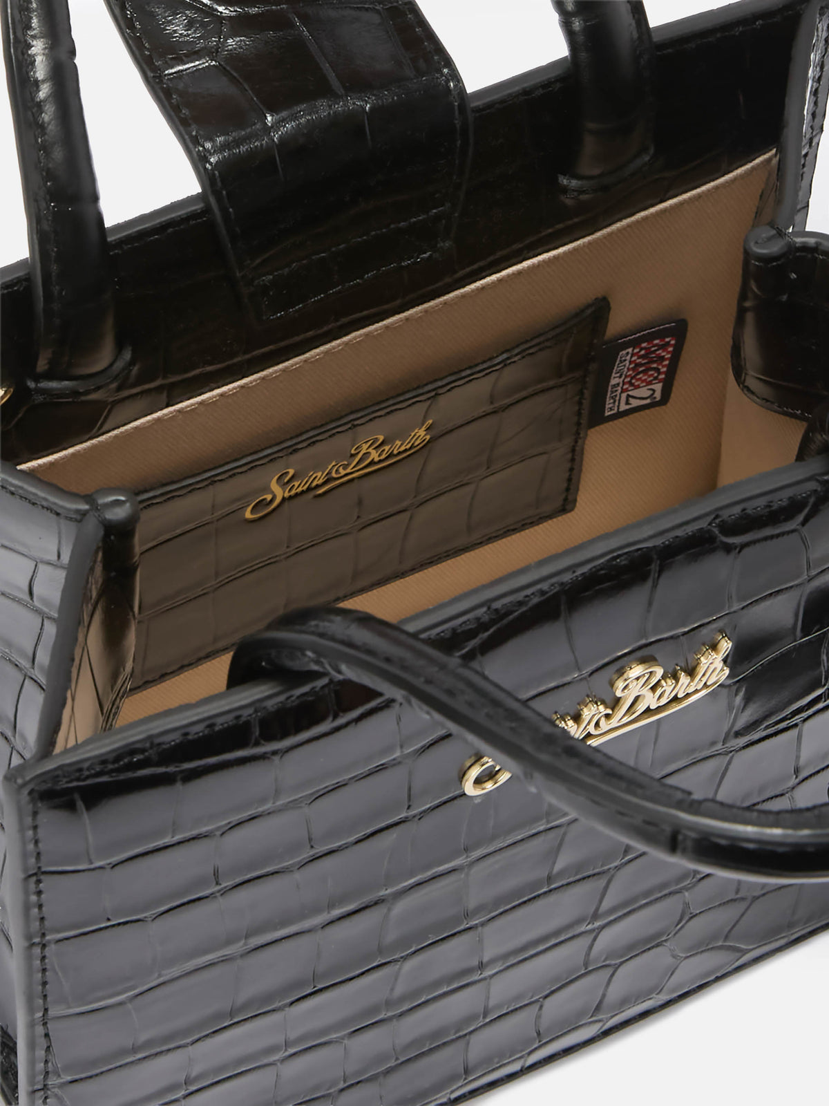 Mini sac de shopping noir en cuir imprimé croco 