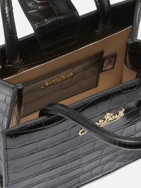 Mini sac de shopping noir en cuir imprimé croco 