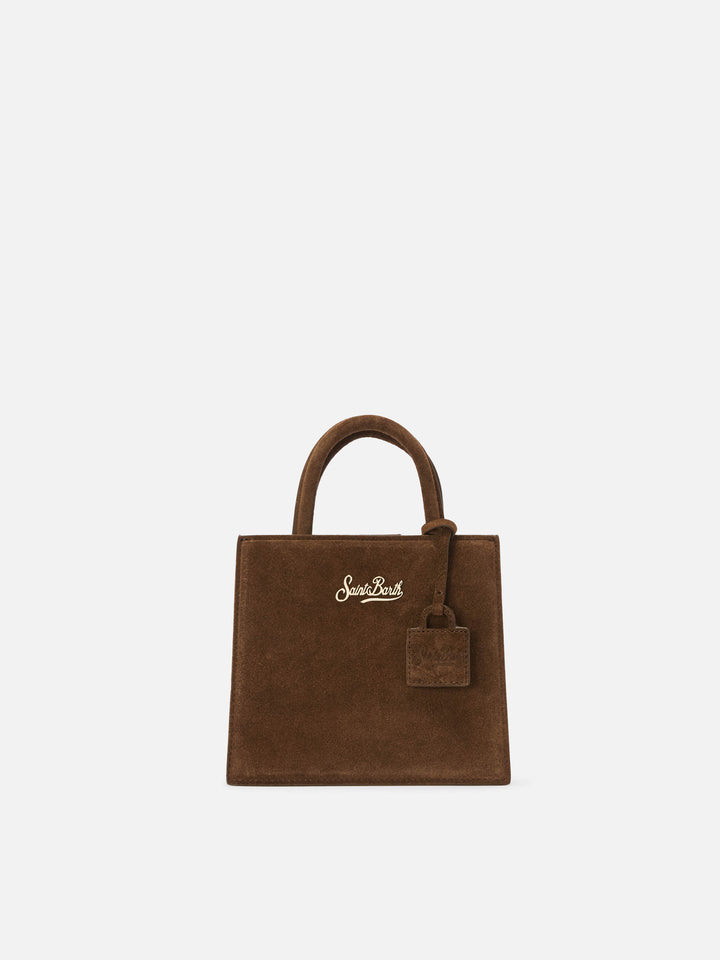 Brown Mini Shop bag in suede with logo lettering