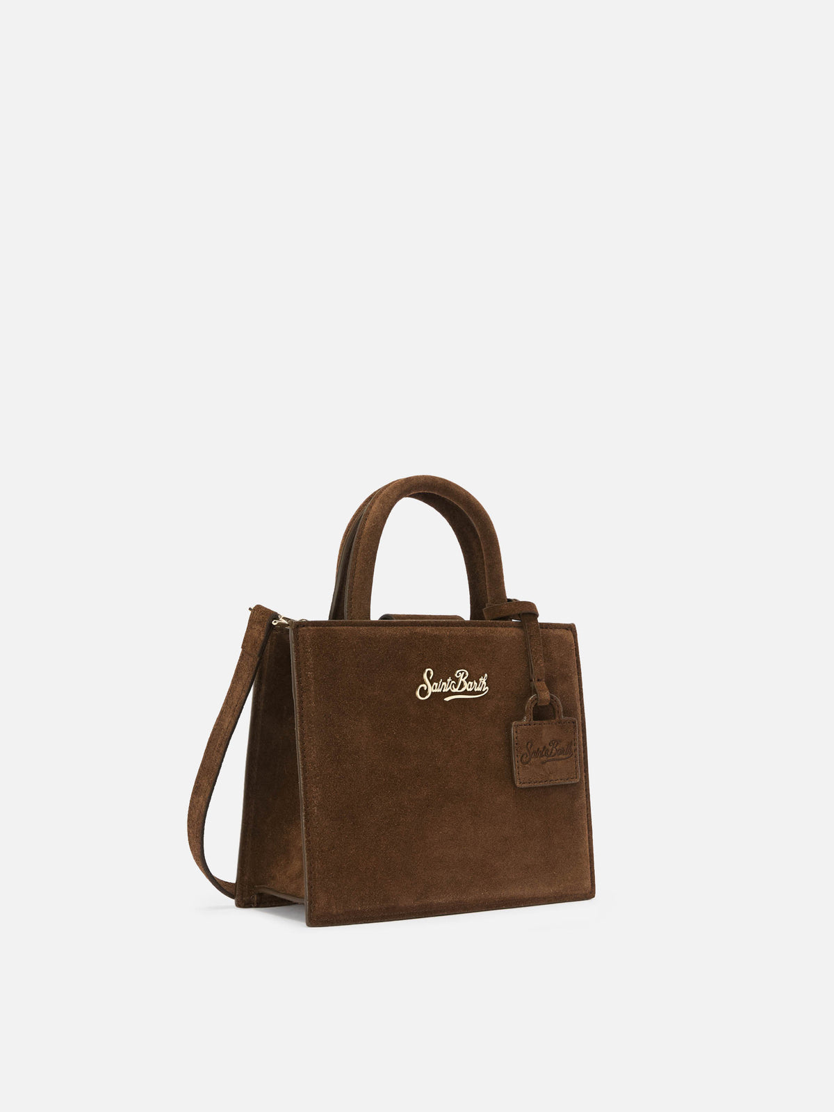 Braune Mini Shopper-Bag aus Wildleder mit Logo-Schriftzug 