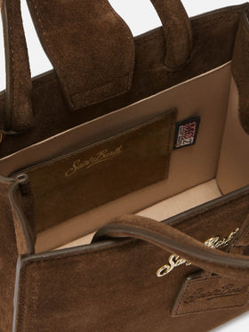 Braune Mini Shopper-Bag aus Wildleder mit Logo-Schriftzug 