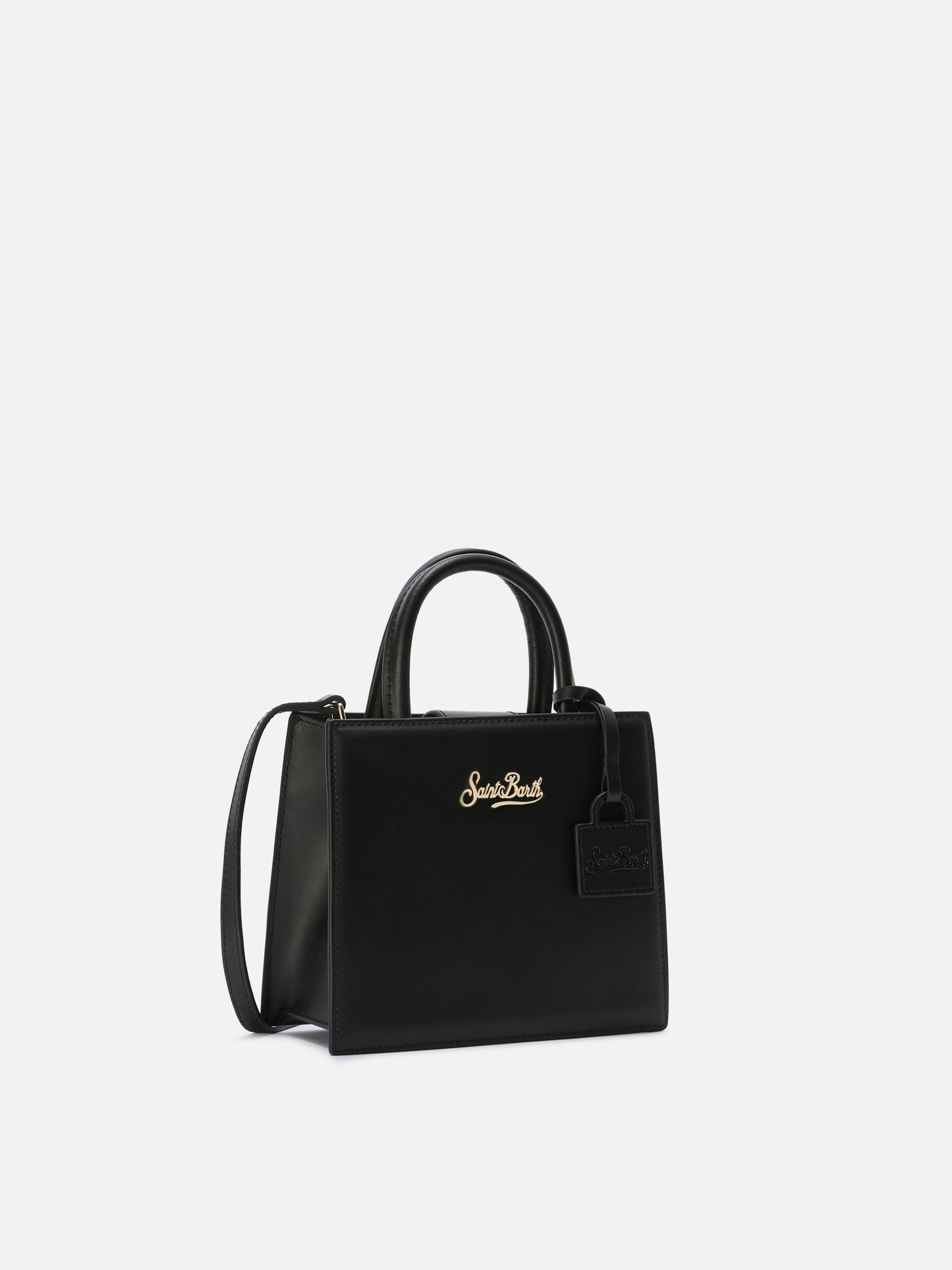 Structured Shop mini bag in black smooth leather with metal tag