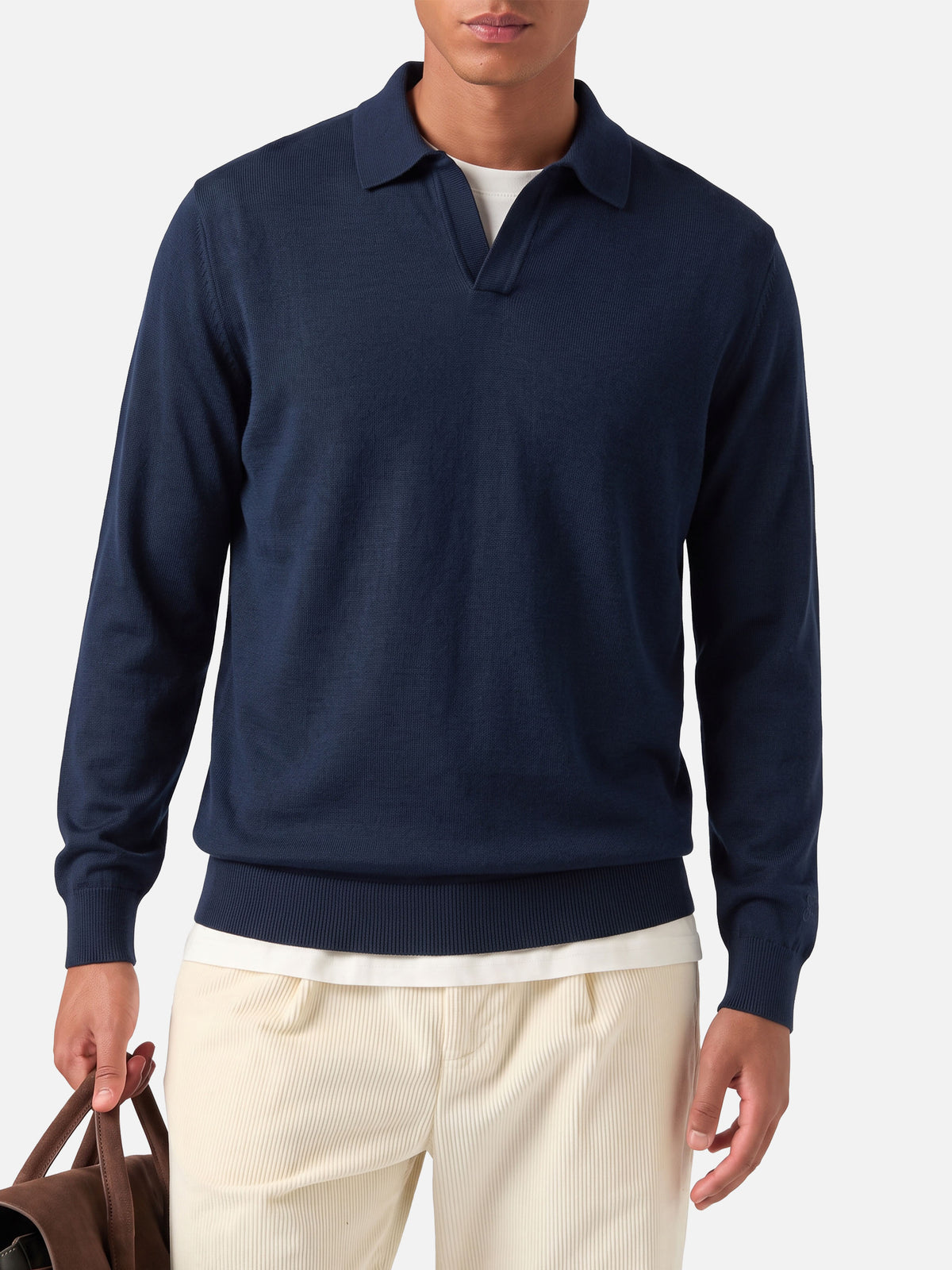 Polo a maniche lunghe Sloan in cotone pregiato e seta blu