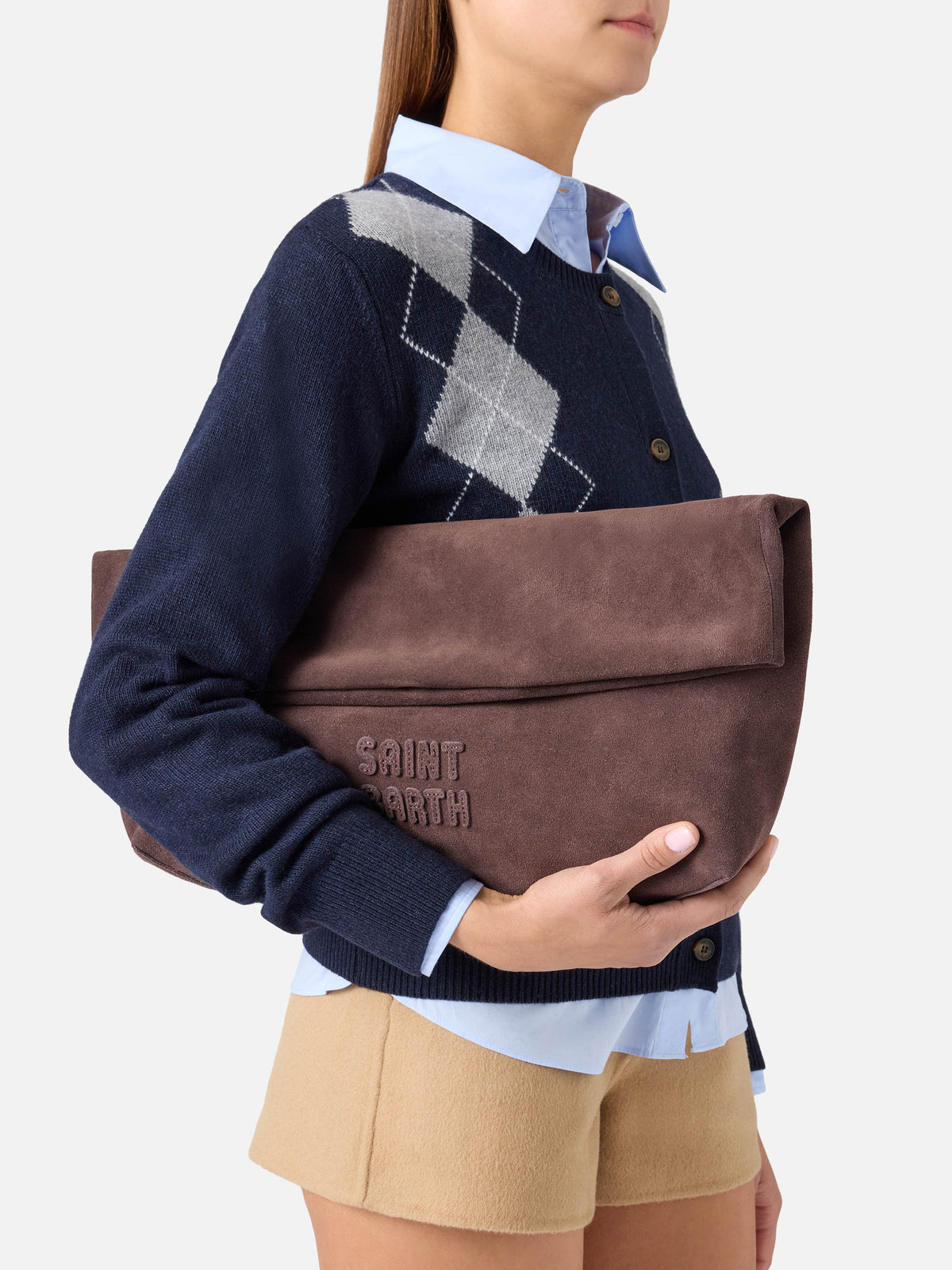 Maxi pouch en daim marron avec patch logo 
