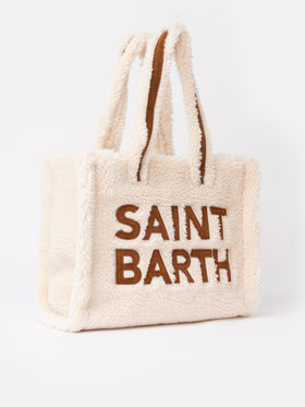 Weiße Soft Bag Small aus Teddyfell mit Saint Barth-Logo und Schultergurt