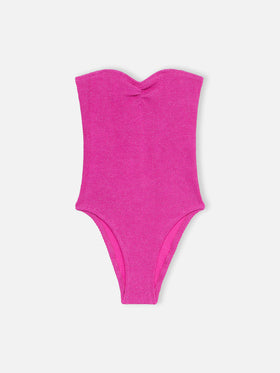 Damen trägerloser Einteiler-Badeanzug aus fuchsiafarbenem Lurex Soleil 