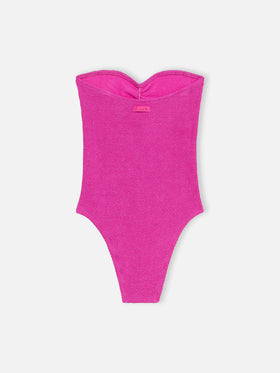 Damen trägerloser Einteiler-Badeanzug aus fuchsiafarbenem Lurex Soleil 