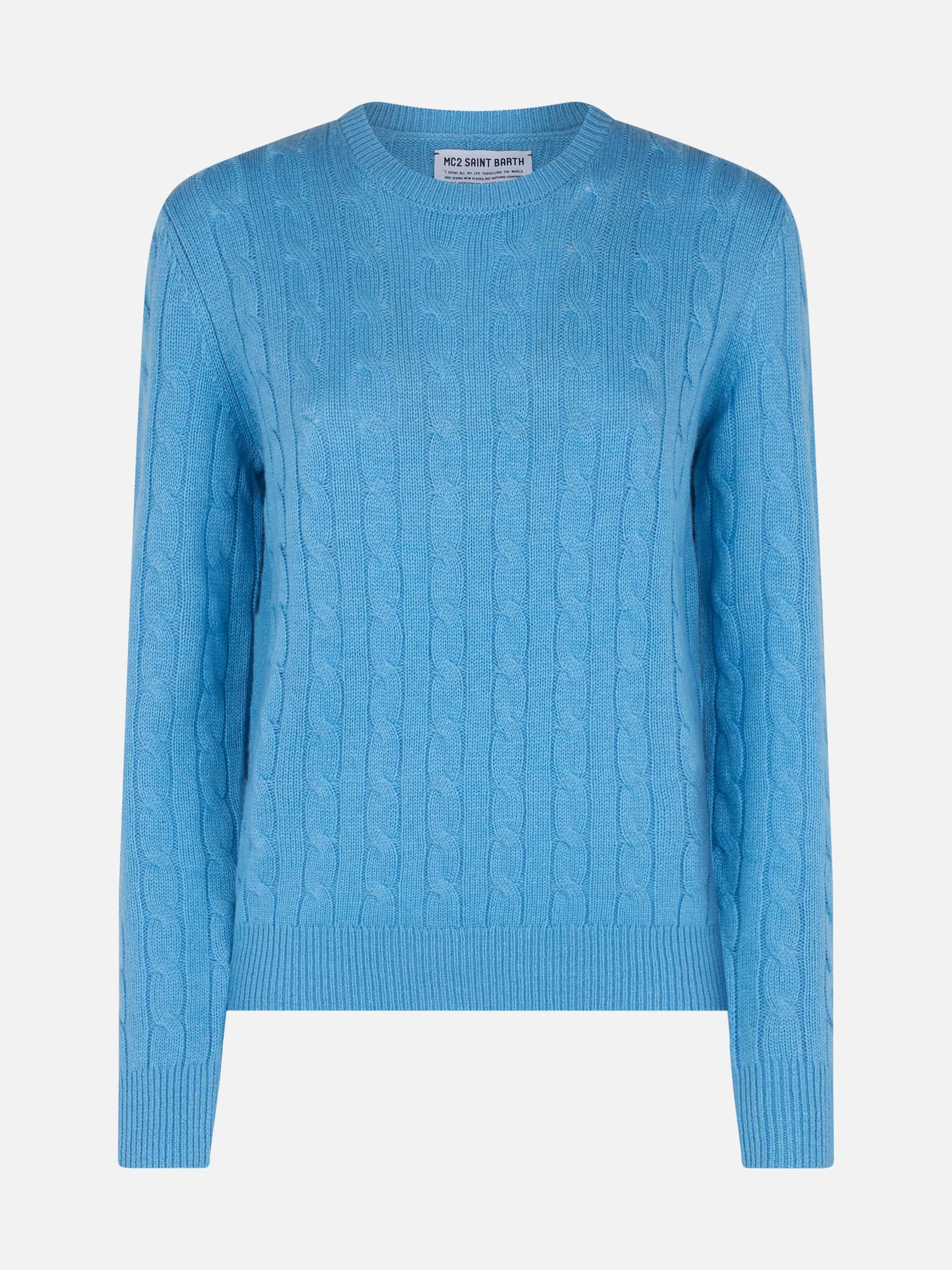 Woman cashmere blend cable knit dust blue sweater Sorbonne - MC2 Saint Barth