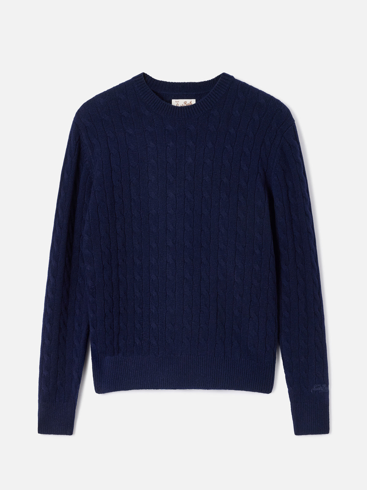 Night blue Sorbonne wool crewneck knit with cable stitch