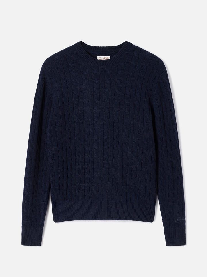 Maglia girocollo Sorbonne blu notte in lana con punto a trecce