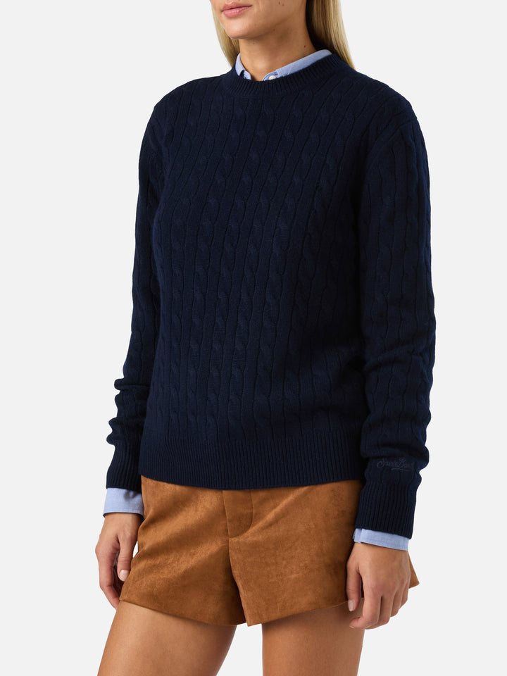 Maglia girocollo Sorbonne blu notte in lana con punto a trecce