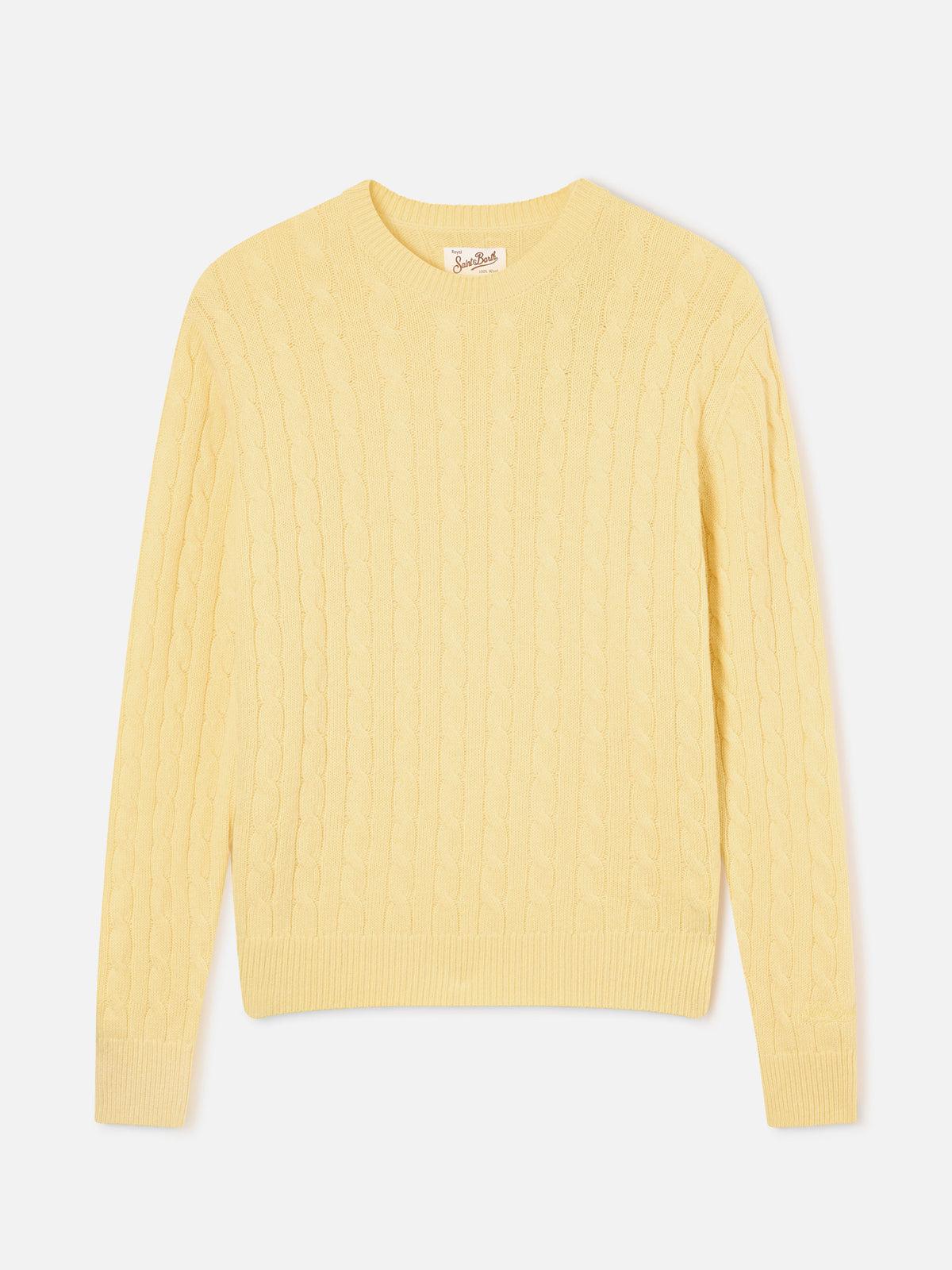 Jersey Sorbonne de lana amarillo claro con cuello redondo y punto trenzado 