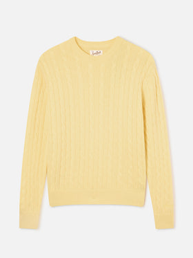 Jersey Sorbonne de lana amarillo claro con cuello redondo y punto trenzado 