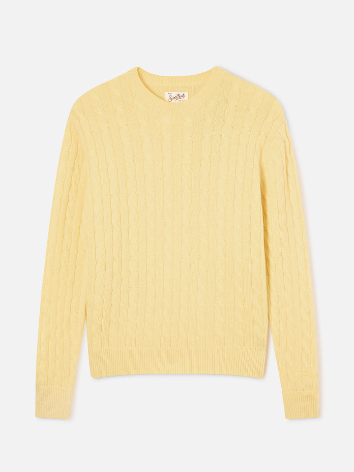 Maglia girocollo Sorbonne giallo chiaro in lana con punto a trecce