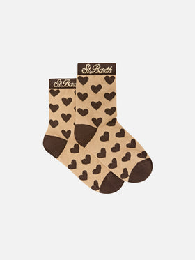 Beige socks with hearts motif