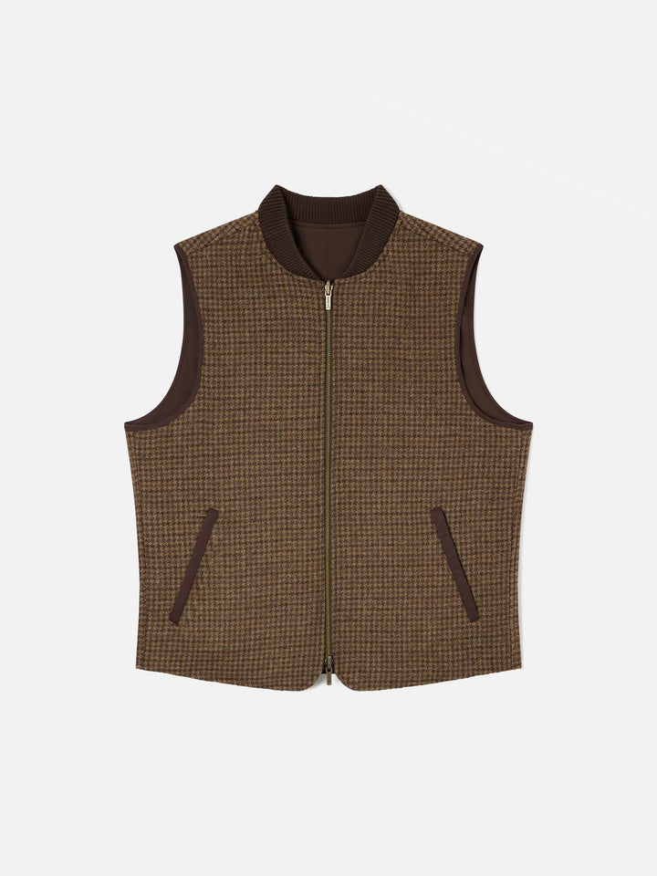 Gilet réversible Spencer en laine marron avec motif pied-de-poule 
