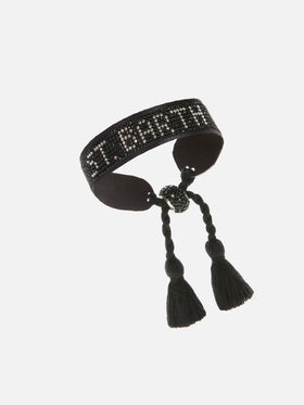 Black fabric bracelet with St. Barth beaded lettering