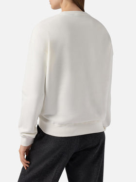 Sternenstaub-Baumwoll-Sweatshirt in Weiß mit Strassapplikationen Après-Ski-Queen