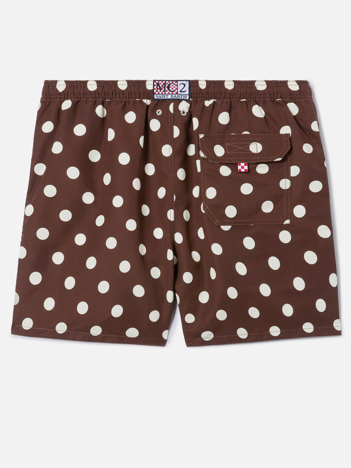 Syros swim shorts in brown with polka dot embroidery