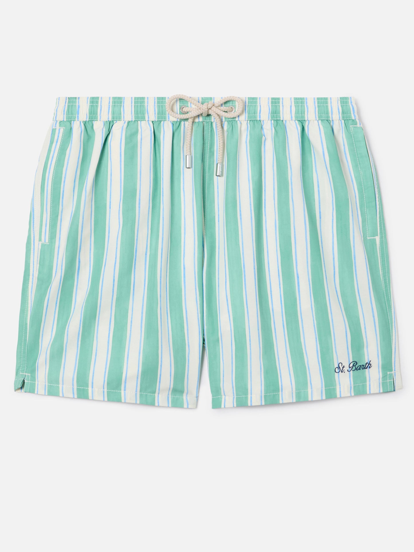 Syros swim shorts with green striped pattern and logo embroidery