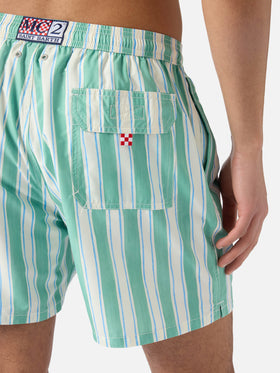 Syros swim shorts with green striped pattern and logo embroidery
