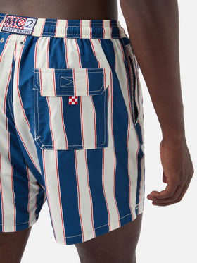 Syros swim shorts with blue striped pattern and logo embroidery