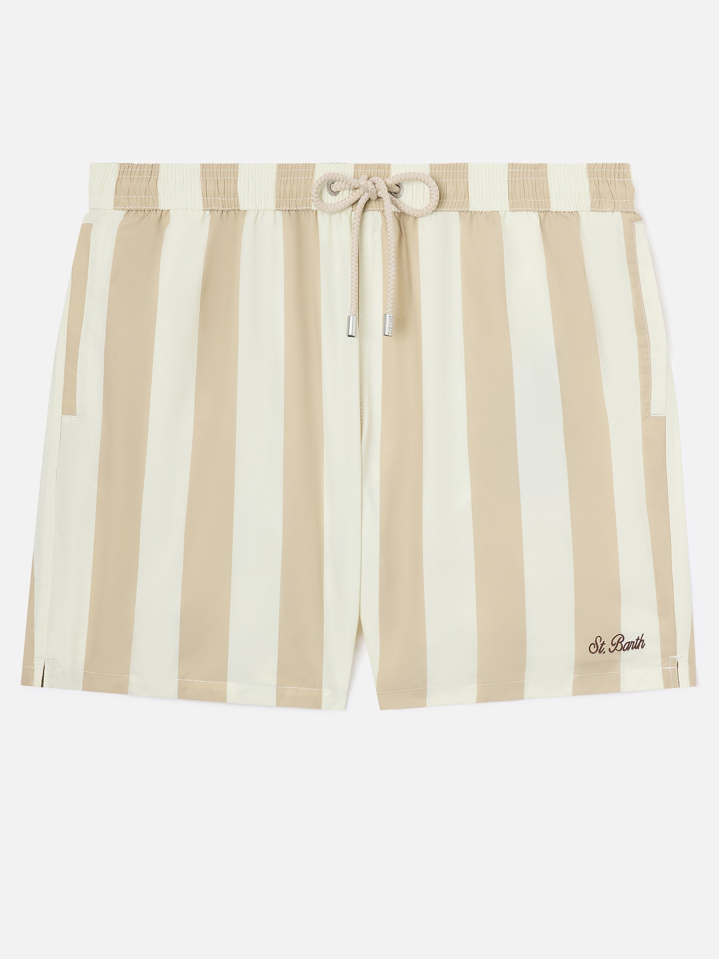 Syros-Badeshorts mit weiß-beigem Streifenprint 