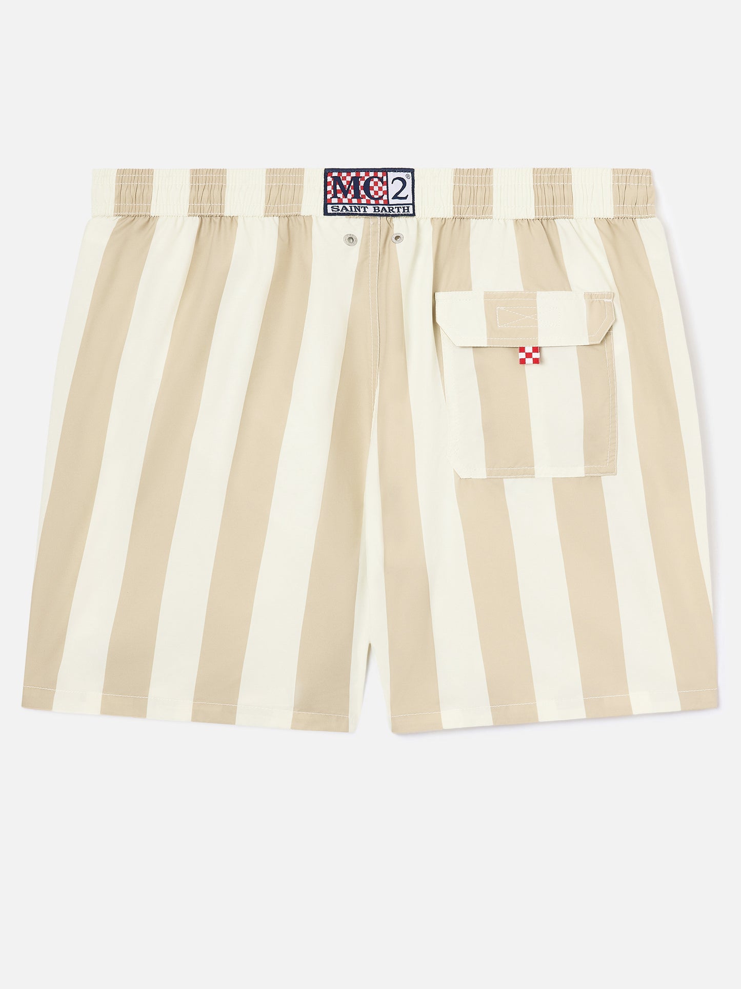 Syros-Badeshorts mit weiß-beigem Streifenprint 