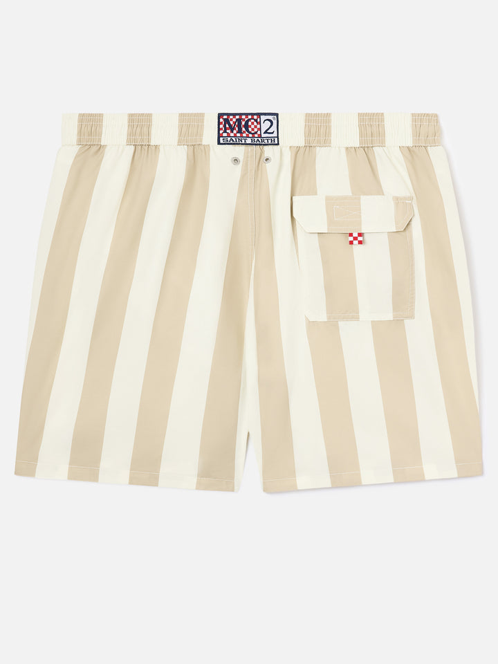 Short de bain Syros à imprimé rayé blanc et beige 