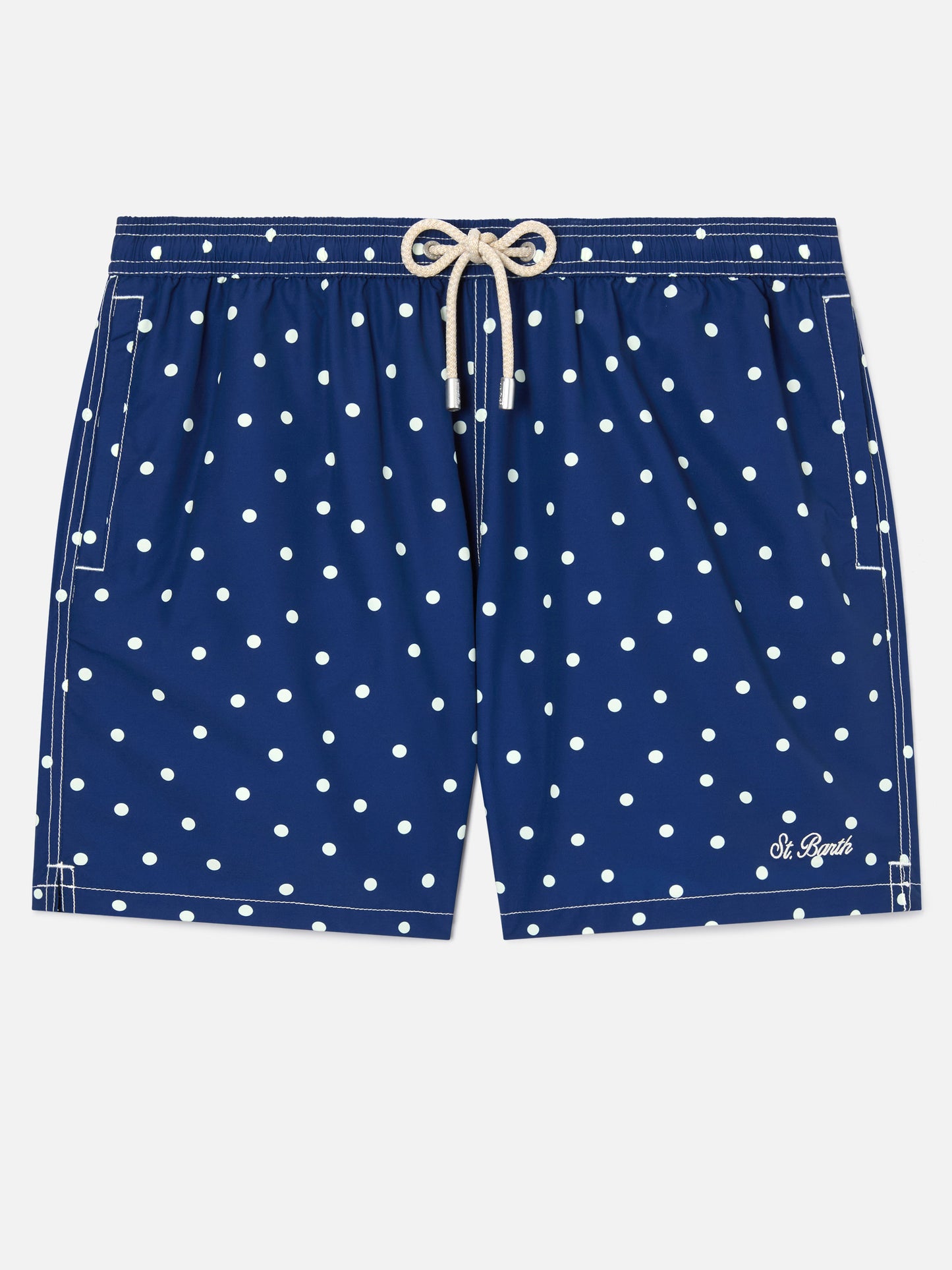 Syros swim shorts in blue with polka dot embroidery
