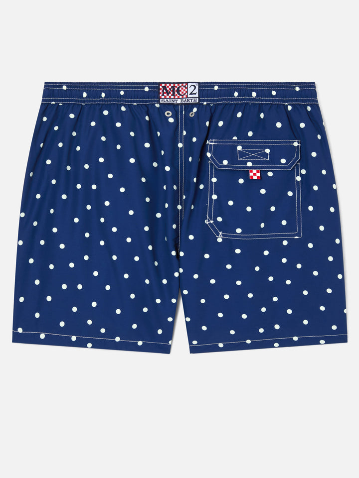 Costume mare Syros blu con ricamo pois a contrasto