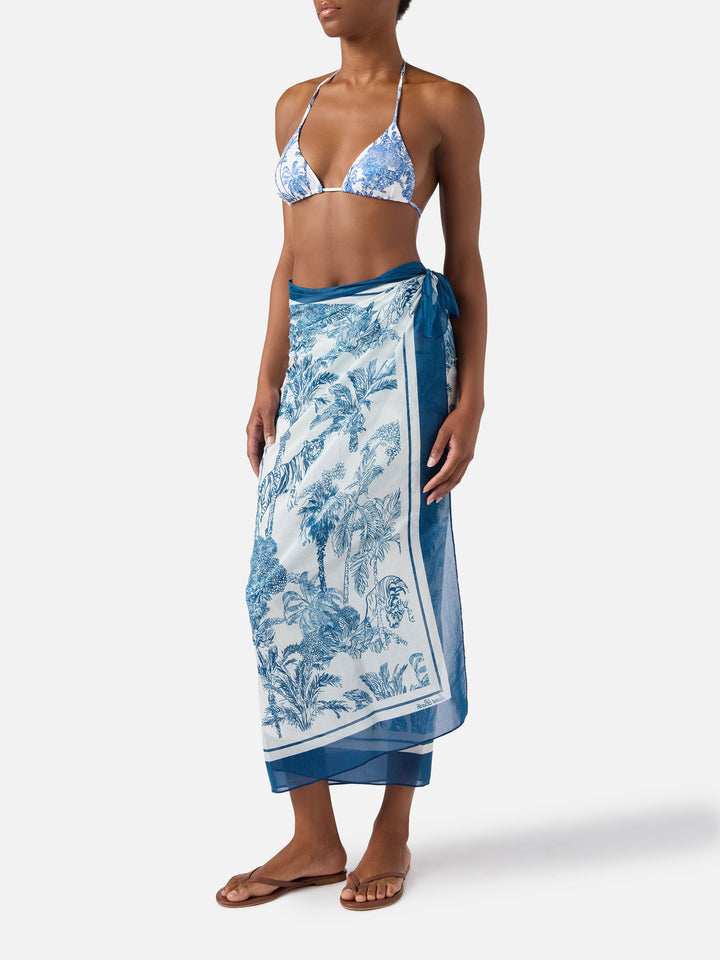 Pareo lungo Thaiti misto seta con stampa le toile de jouy blu
