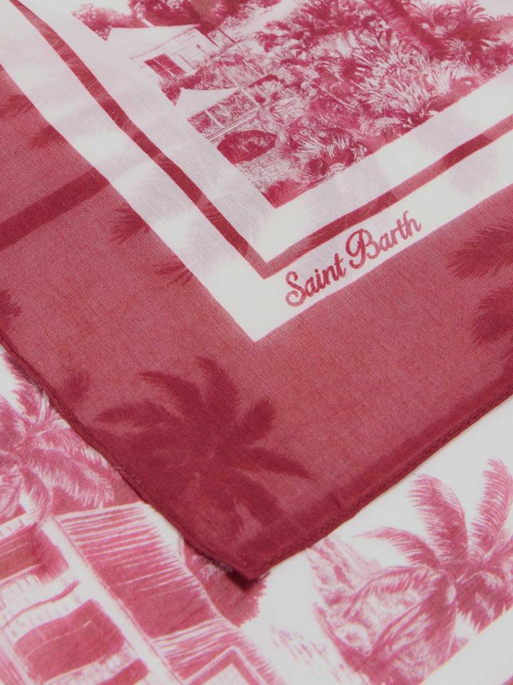 Thaiti long pareo in silk blend with burgundy toile de jouy print